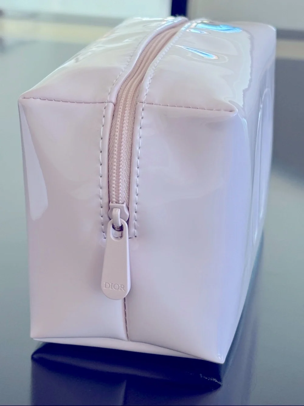 Dior Light Pink Patent Cosmetic Pouch with Embossed “CD” Logo
